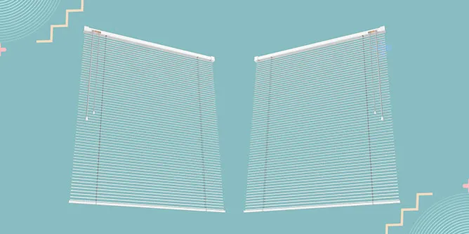 A couple of window blinds tilted at a slight angle.
