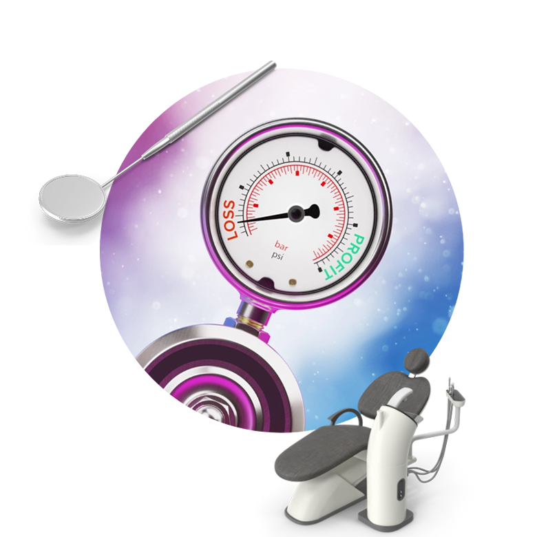 Pressure gauge apparatus with the words ‘LOSS’ and ‘PROFIT’ marked on the edges of its scale, a mouth mirror image on top, and dentist chair image in bottom.