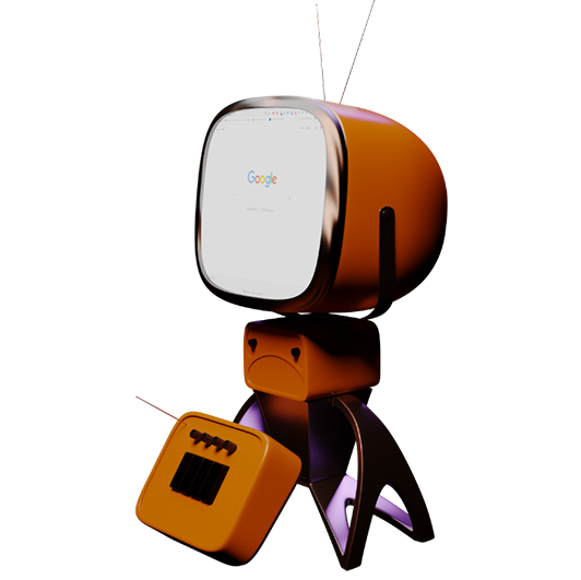 The Google home page is displayed on the face of an orange robot-like TV set with antennas on its head.