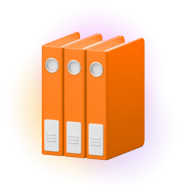 A stack of three orange folders with white labels placed vertically.