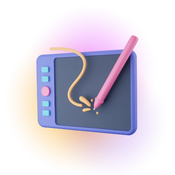 3D blue graphics tablet with a pink stylus pen draws an arc across the screen.