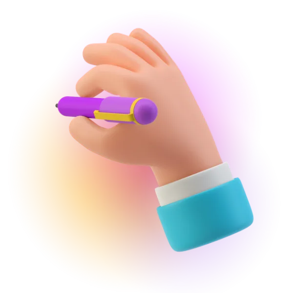 3D rendering of a hand holding what appears to be a pen put to paper.
