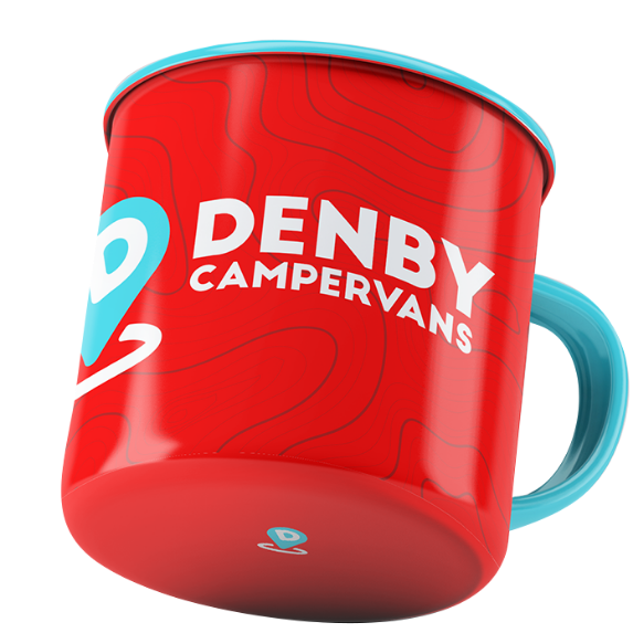 A red mug with a light blue handle and rim, with ‘DENBY CAMPERVANS’ written on it in white beside a blue and white logo.