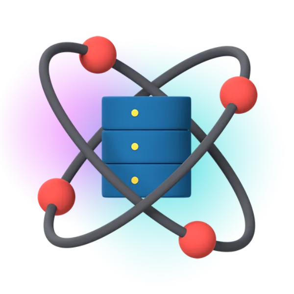 3D rendering of a server icon placed in the middle of two concentric ellipses with two electrons on them.