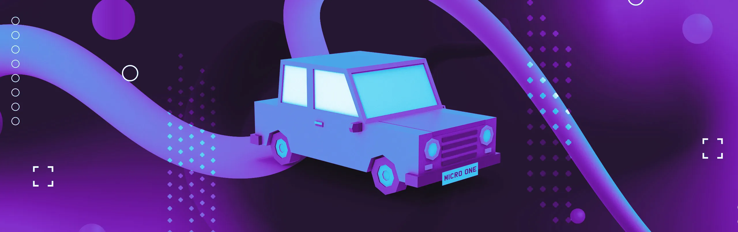 An animated purple car carries a number plate with the words ‘Micro One’.