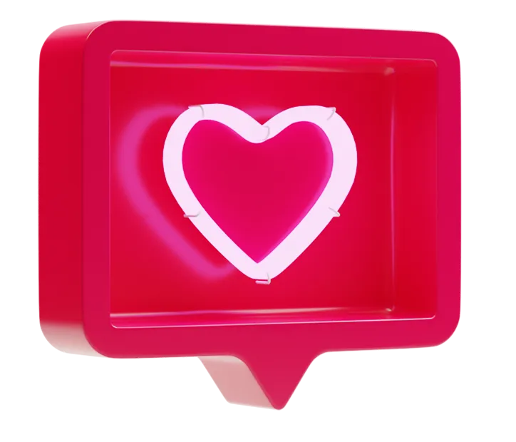 A large 3D square speech bubble with a pink-coloured neon-lit heart shape.