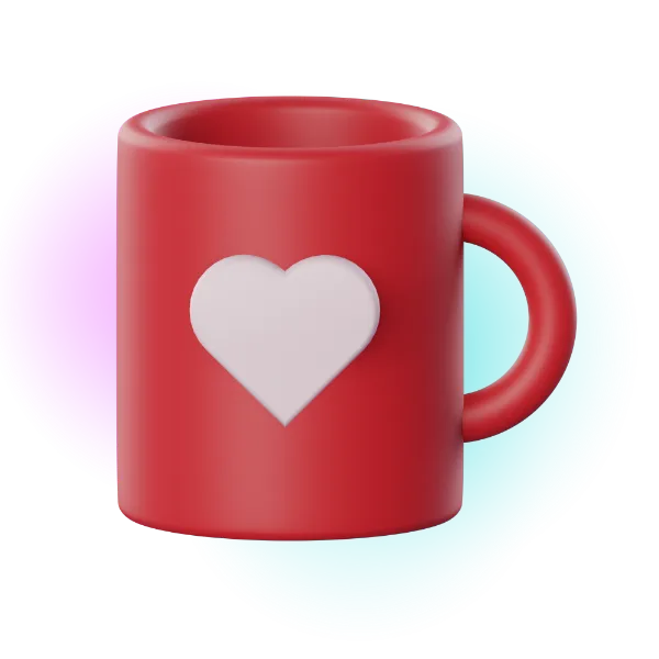 A red-coloured 3D rendering of a coffee mug with a white-coloured heart in the centre of it.