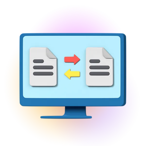 3D computer monitor with two document icons on the sides and two opposing directional arrows in red and yellow colours in the middle.