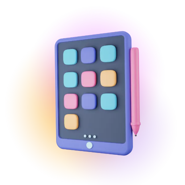 The 3D representation of a tablet computer with colourful square icons on the screen and a pink stylus pen attached to the side.