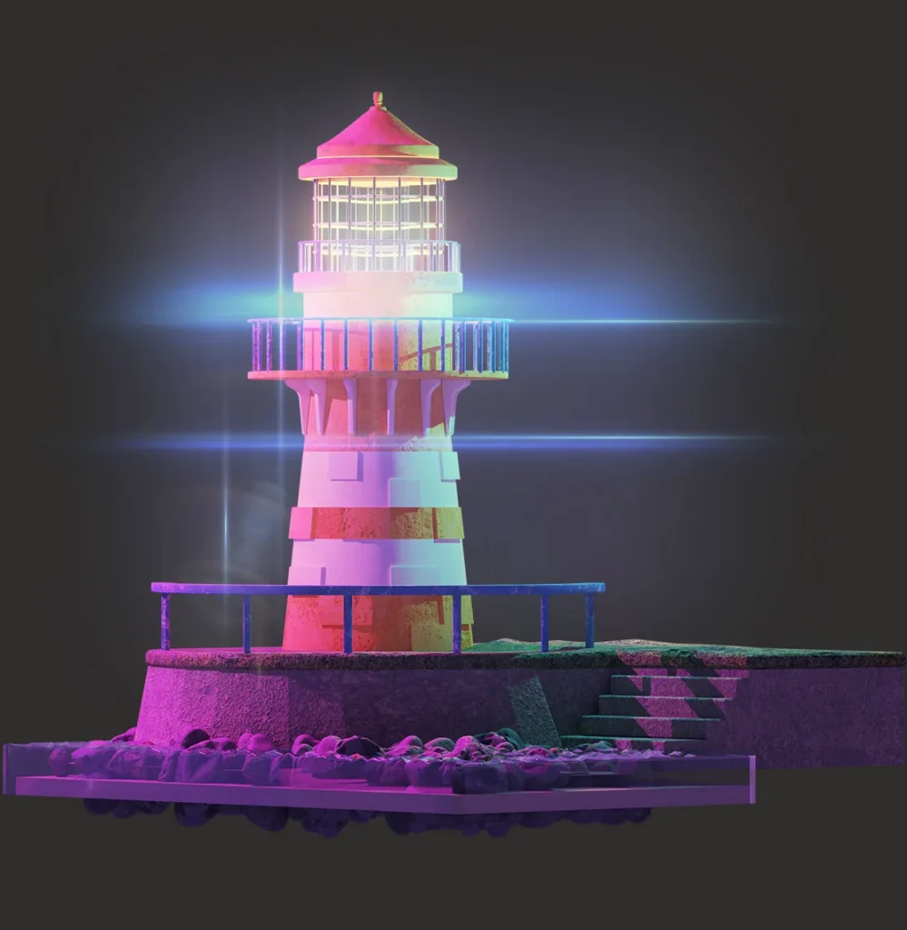 A classic white and orange lighthouse image rendered in 3D.