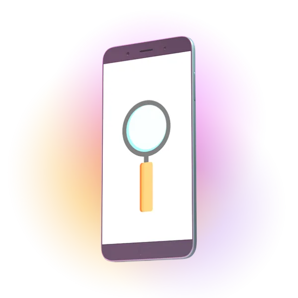 Smartphone with magnifying glass image on white background.