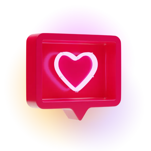 A red 3D square speech bubble with a heart in the centre.