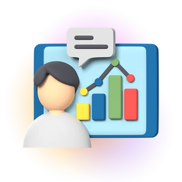 3D rendering of a male icon in white with a speech bubble on top, placed in front of a screen displaying a bar chart and a line chart with coloured markers.