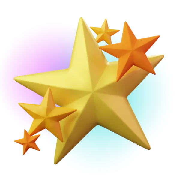 3D render of one large gold star surrounded by three smaller stars in the same style.