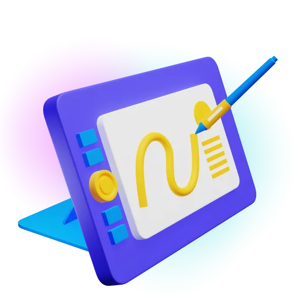 3D rendering of a blue graphics tablet with a yellow scroll wheel and a blue and yellow stylus pen drawing a yellow 3D arc.