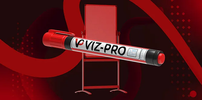 A 3D red coloured pen that has Viz Pro written in black lettering on a white sticker.