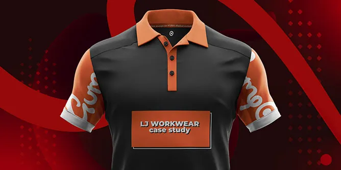 "LJ Workwear Case Study" is printed on the front of a black and orange polo shirt.
