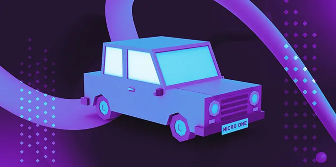 3D rendering of a purple-coloured toy-like car with the words ‘MICRO ONE’ on the number plate.