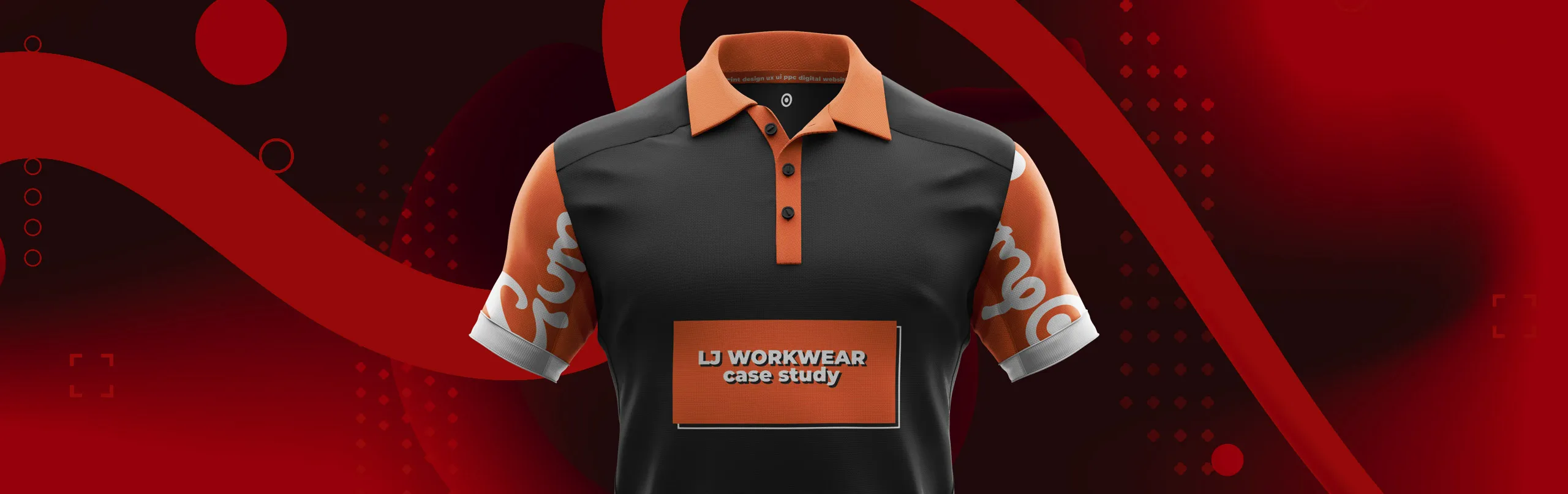 "LJ Workwear Case Study" is printed on the front of a black and orange polo shirt.