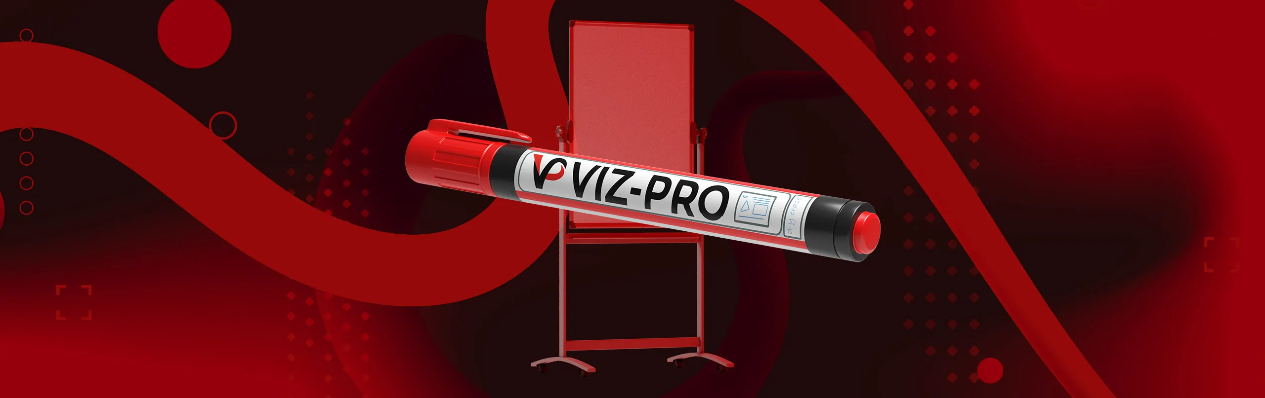 A red marker with a white label with the words VIZ-PRO in front of a whiteboard.