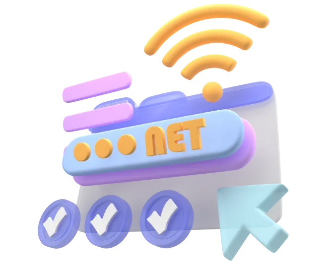 A collection of 3D computer icons, including Wi-Fi and a pointer, with a button in the centre labelled '...net'.