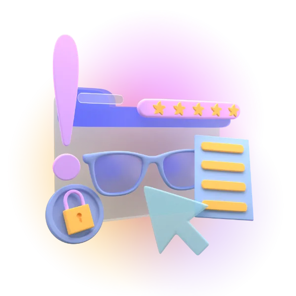 A group of 3D-rendered objects like a pair of sunglasses, exclamation mark, and padlock, along with folder and pointer icons.