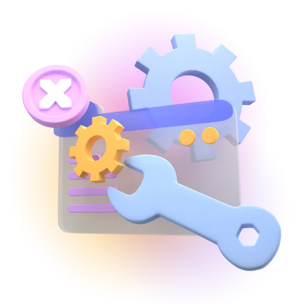 A couple of gears and a wrench tool are grouped with a 3D folder icon and a close button.