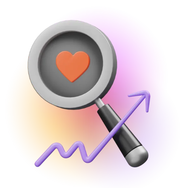 A 3D magnifying glass image with a red heart in the lens and a zigzag line with an arrowhead pointing in an upward direction is placed in front.