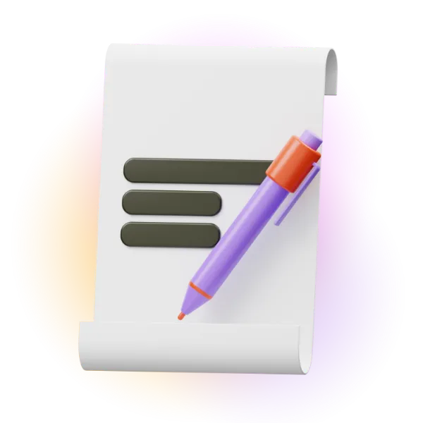 3D representation of a paper document with a purple pen placed on the front.