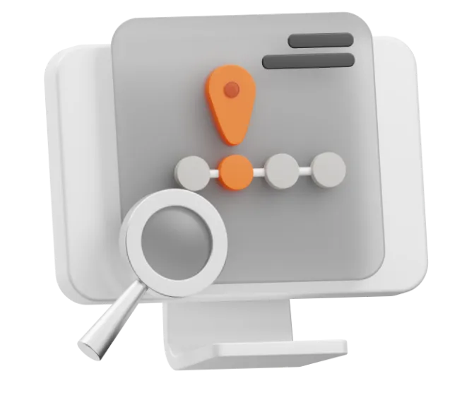A 3D rendering of a computer monitor with a line dotted with four markers and an orange pin highlighting one of the markers. There is also a 3D search icon present on the bottom.